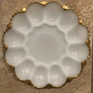 Vintage Anchor Hocking Milk Glass Deviled Egg Tray Plate Gold Scalloped Rim